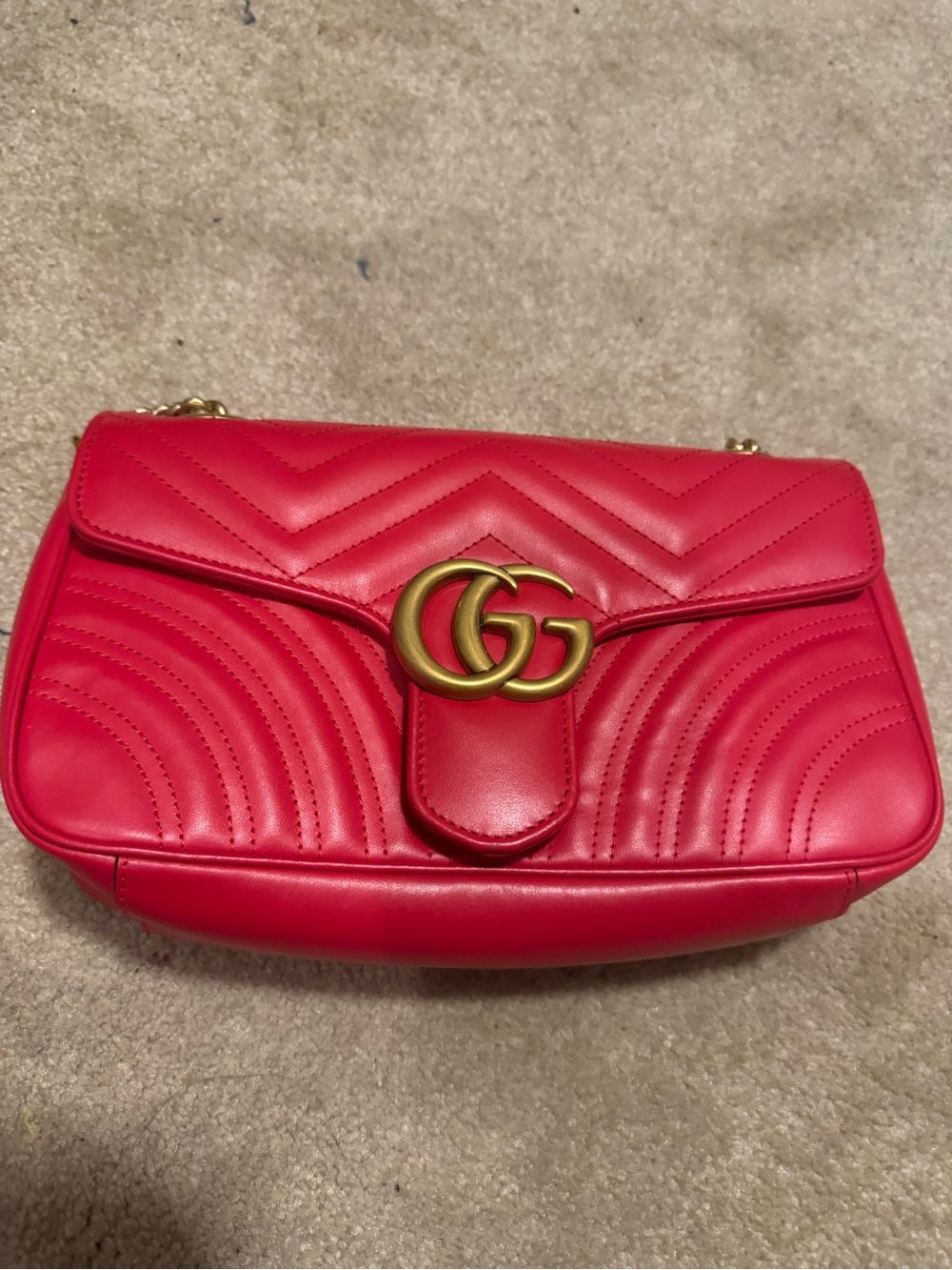 Gucci Red Leather GG Marmont Shoulder Bag with Gold Hardware